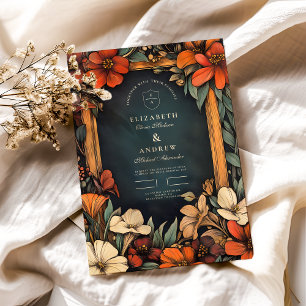 Groene botanische art nouveau bruiloft kaart