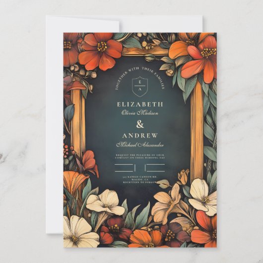 Groene botanische art nouveau bruiloft kaart (Voorkant)