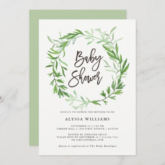 Groene Botanische Bladeren Krans Baby shower Kaart (Voorkant / Achterkant)