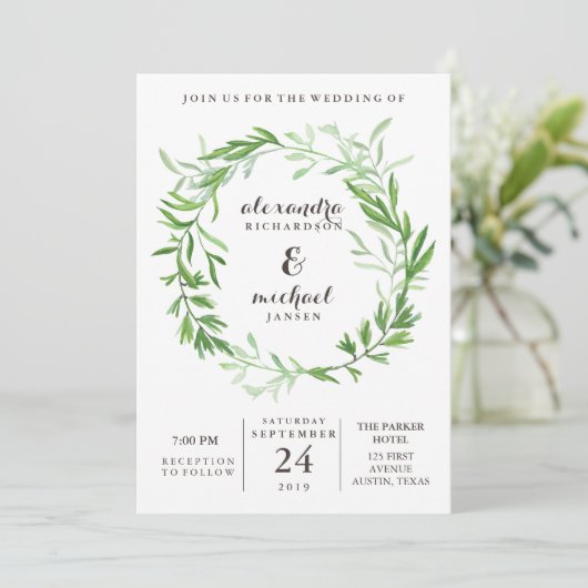 Groene botanische bladeren krans bruiloft kaart (Staand voorkant)