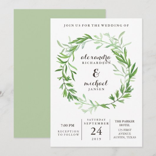 Groene botanische bladeren krans bruiloft kaart (Voorkant / Achterkant)
