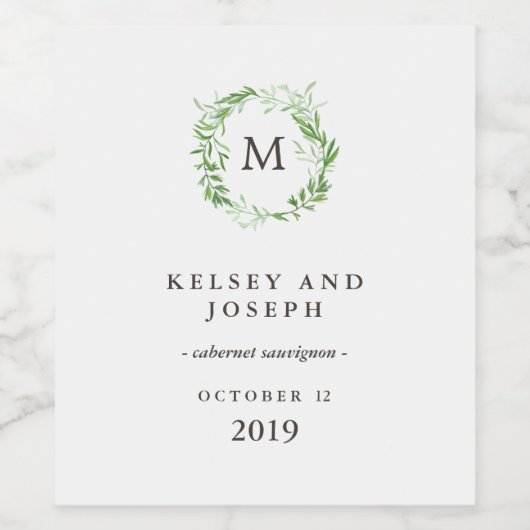 Groene botanische bladeren krans met monogram wijn etiket (Enkel label)
