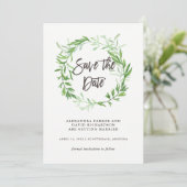 Groene botanische bladeren krans save the date (Staand voorkant)