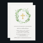 Groene Botanische Bladeren Kransdoop Kaart<br><div class="desc">Deze elegante botanische doop uitnodiging beschikt over een groene krans van bladeren rond een faux gouden kruis,  op een schone witte achtergrond. We hebben gebruik gemaakt van kunst van LABFcreaties.</div>