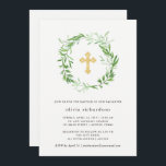 Groene Botanische Bladeren Kransdoop Kaart<br><div class="desc">Deze elegante botanische doop uitnodiging beschikt over een groene krans van bladeren rond een faux gouden kruis,  op een schone witte achtergrond. We hebben gebruik gemaakt van kunst van LABFcreaties.</div>