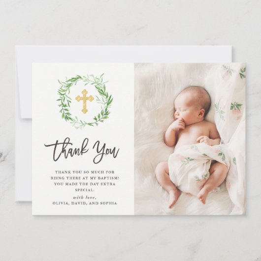 Groene botanische bladeren, schaars | Fotobaptisme Bedankkaart (Voorkant)