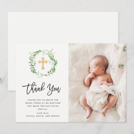 Groene botanische bladeren, schaars | Fotobaptisme Bedankkaart (Voorkant / Achterkant)
