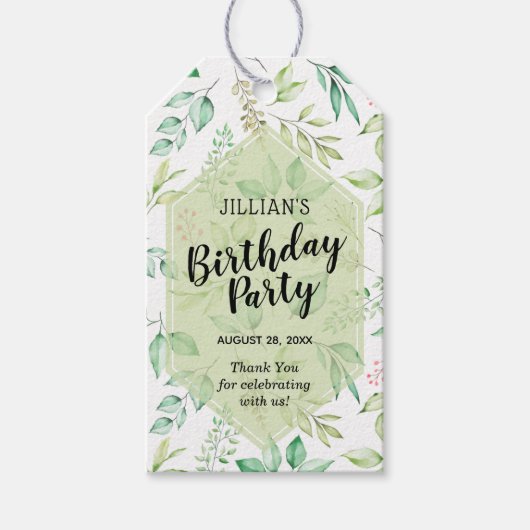 Groene botanische bladeren Verjaardagsfeestje Beda Cadeaulabel (Voorkant)