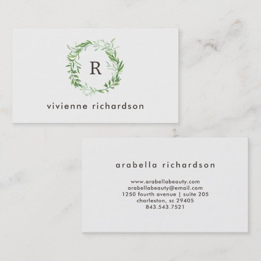 Groene botanische bladeren Wreate en Monogram Visitekaartje (Voorkant / Achterkant)