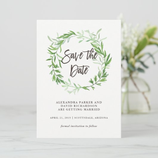 Groene botanische bladerenkrans Save the Date (Staand voorkant)