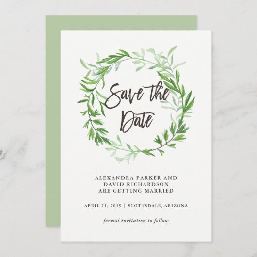 Groene botanische bladerenkrans Save the Date (Voorkant / Achterkant)