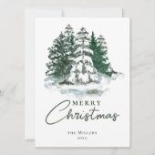 Groene  Botanische Boom Waterverf Kerst Feestdagenkaart (Voorkant)