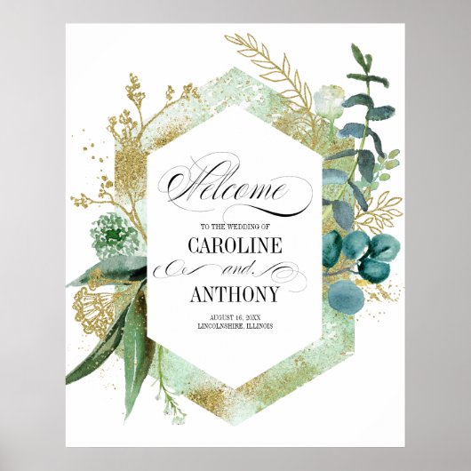 Groene botanische bruiloft Welkomstbord Poster (Voorkant)