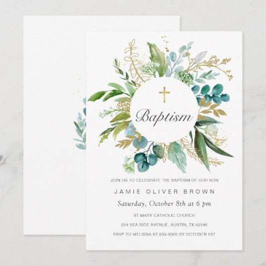 Groene Botanische Doop Uitnodiging Jongen (Voorkant / Achterkant)