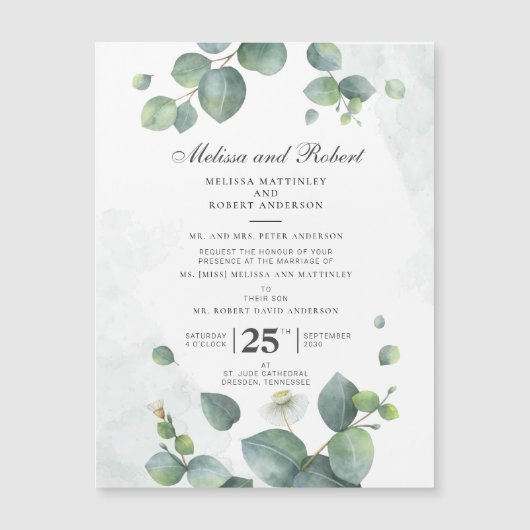 Groene botanische eucalyptus bruiloft magnetische uitnodiging (Voorkant)