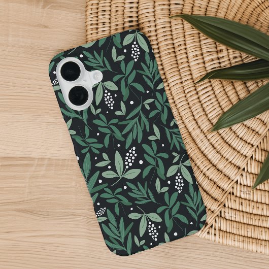 Groene botanische fernenvulling en wit berry patro iPhone 16 hoesje