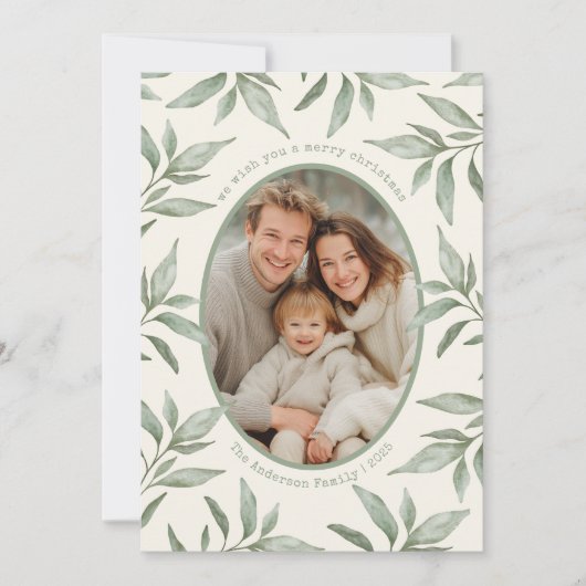 Groene  Botanische Foto Vrolijk Kerstfeest Feestdagenkaart (Voorkant)