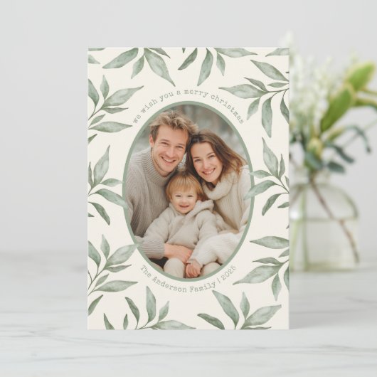 Groene  Botanische Foto Vrolijk Kerstfeest Feestdagenkaart (Staand voorkant)