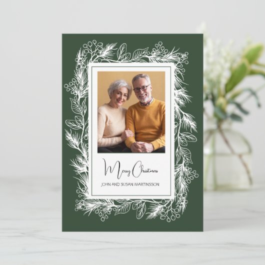 Groene  Botanische Foto Vrolijk Kerstfeest Feestdagenkaart (Staand voorkant)