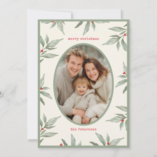 Groene Botanische Foto Vrolijk Kerstfeest Feestdagenkaart (Voorkant)