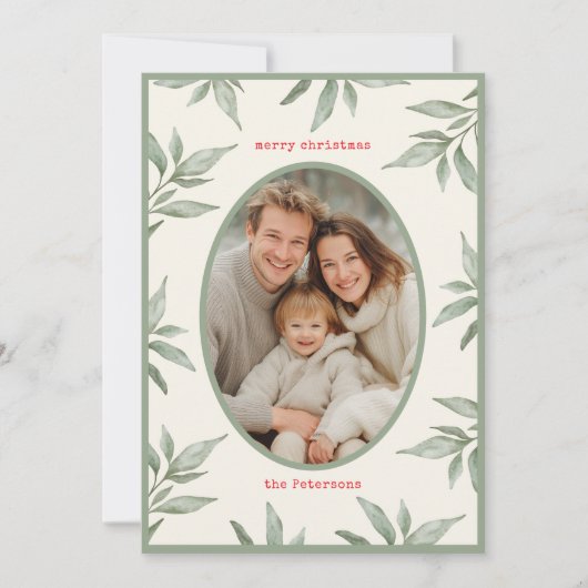 Groene  Botanische Foto Vrolijk Kerstfeest Feestdagenkaart (Voorkant)