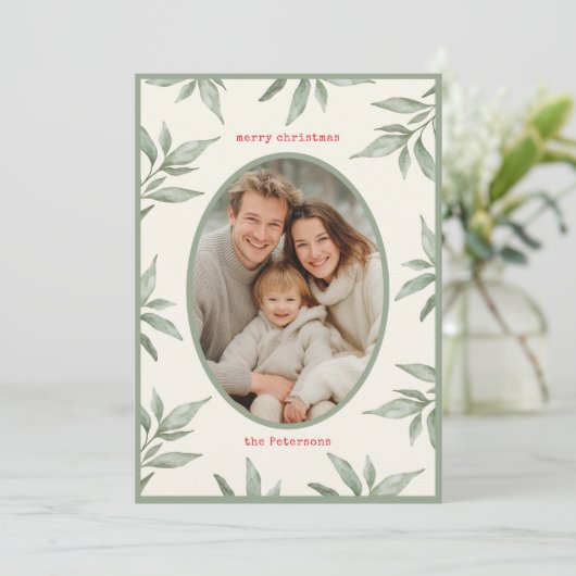 Groene  Botanische Foto Vrolijk Kerstfeest Feestdagenkaart (Staand voorkant)