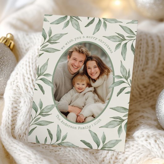 Groene  Botanische Foto Vrolijk Kerstfeest Feestdagenkaart