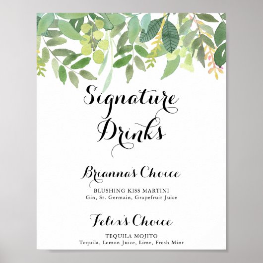 Groene Botanische Gebladerte Signature Dranken Bor Poster (Voorkant)