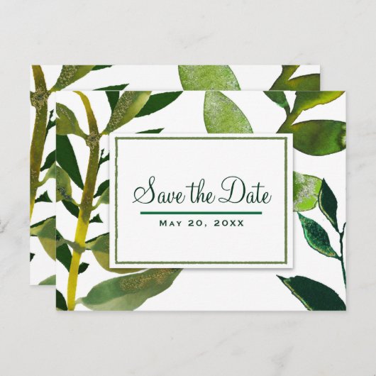 Groene Botanische Glam Plant Bladeren Save the Dat Aankondigingskaart (Voorkant / Achterkant)
