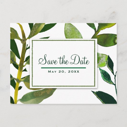 Groene Botanische Glam Plant Bladeren Save the Dat Aankondigingskaart (Voorkant)