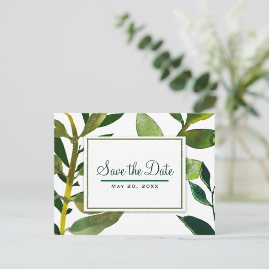 Groene Botanische Glam Plant Bladeren Save the Dat Aankondigingskaart (Staand voorkant)