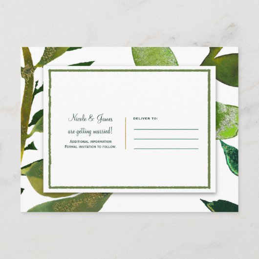 Groene botanische glam Plant laat de datum opslaan Aankondigingskaart (Achterkant)