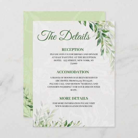 Groene botanische huwelijksdetail bijgevoegde kaar informatiekaartje (Voorkant / Achterkant)