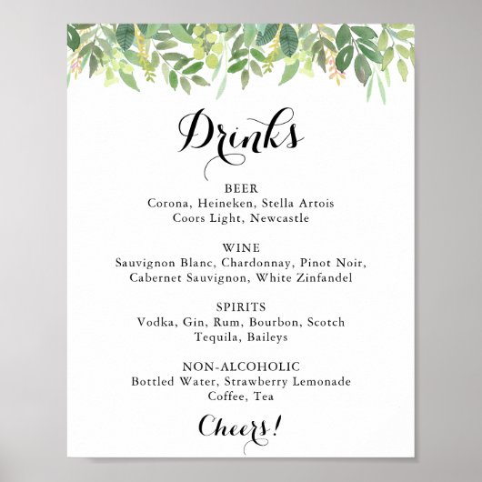 Groene botanische huwelijksdranken menu bord poster (Voorkant)