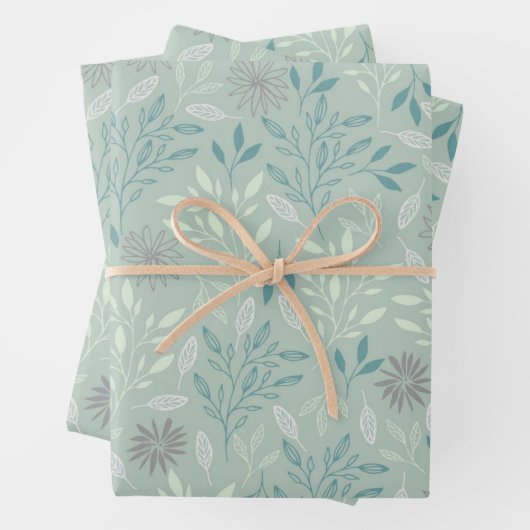 Groene botanische inpakpapier platte vel set van 3 (In situ)