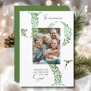 Groene Botanische Kerst Foto met Familie Geluk Feestdagenkaart
