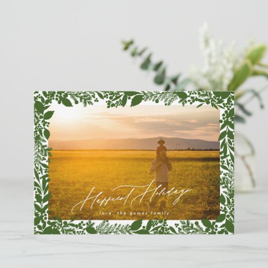 Groene Botanische Kerst Lijst Foto Gelukkigste Feestdagenkaart (Staand voorkant)