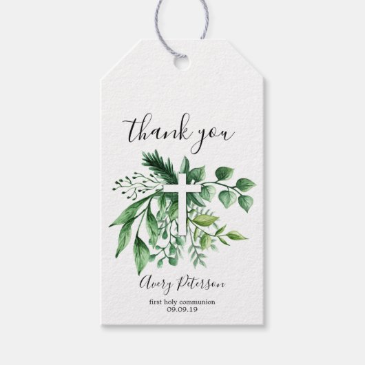 Groene Botanische Kruis Eerste Heilige Communie Cadeaulabel (Voorkant)