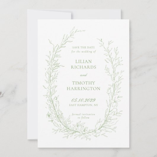 Groene Botanische Lijn Art Lijst Bruiloft Save The Date (Voorkant)
