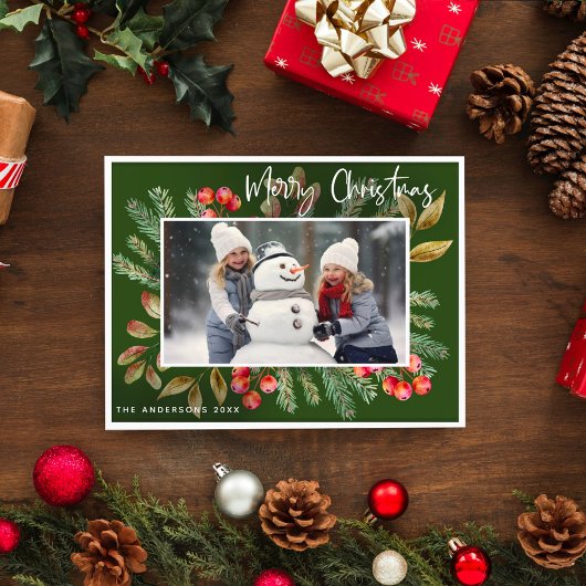 Groene Botanische Prettig Kerstmis Foto Feestdagenkaart