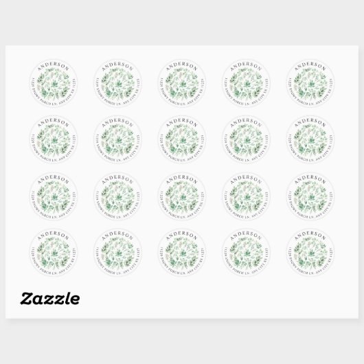 Groene botanische retouradres ronde sticker (Vel)