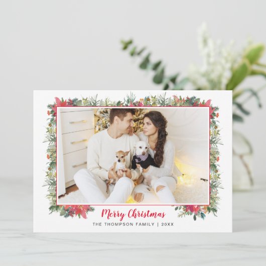 Groene botanische script foto Kerstmis  Feestdagenkaart (Staand voorkant)