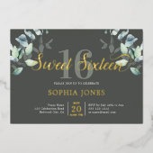 Groene Botanische Script Sweet 16 Folie Uitnodigin Uitnodiging (Voorkant)