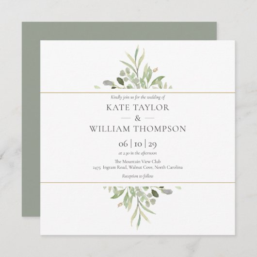 Groene Botanische Watercolor Trouw  Kaart (Voorkant / Achterkant)