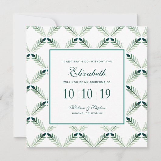 Groene Botanische Waterverf Patroon - Bruidsmeisje Kaart (Voorkant)