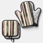 Groene Bourgogne Stripes Kerstmis Ovenwant & Pannenlap Set (Voorkant / Achterkant)