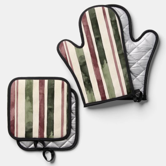 Groene Bourgogne Stripes Kerstmis Ovenwant & Pannenlap Set (Voorkant / Achterkant)