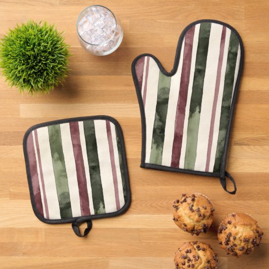 Groene Bourgogne Stripes Kerstmis Ovenwant & Pannenlap Set (Top down)
