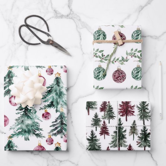 Groene Bourgondische kerstbomen Ornamenten Inpakpapier Vel (Voorkant)