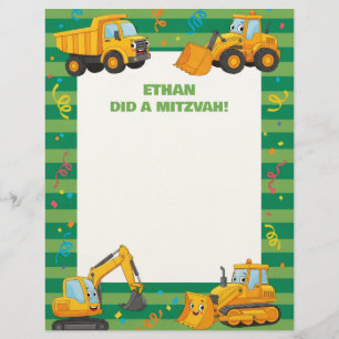 Groene bouwtrucks Gepersonaliseerd Mitzvah Notes Briefhoofd